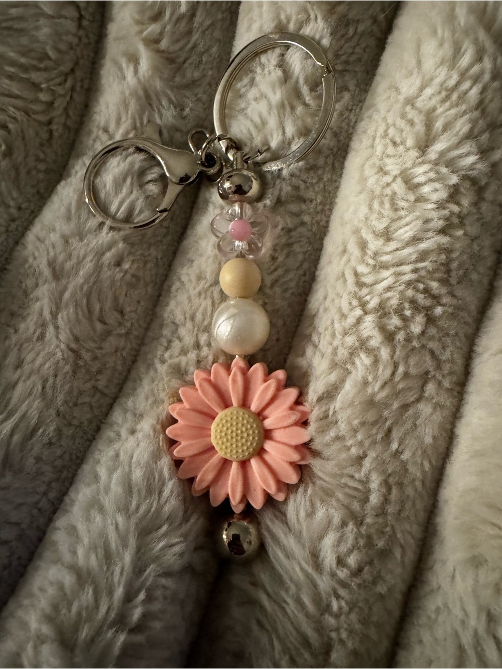 Pink Daisy Keychain Charm with Bead Accents